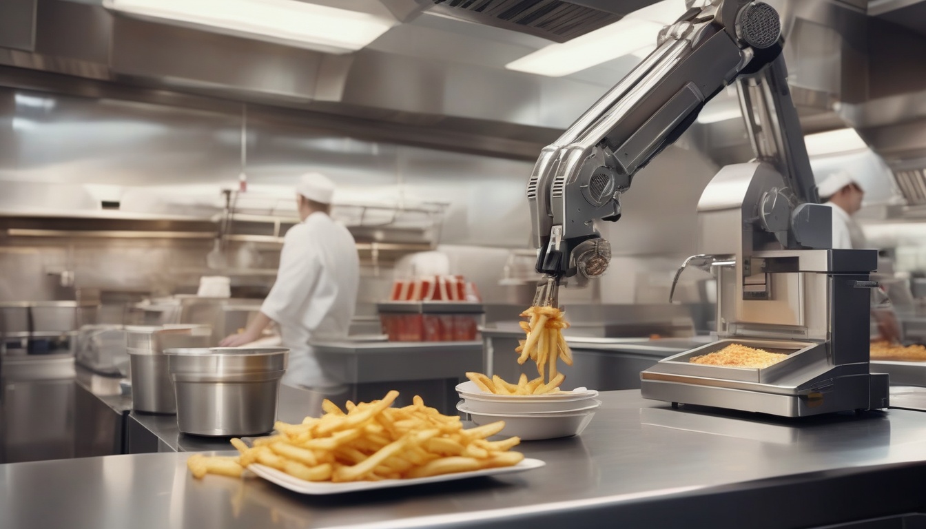 米国のファストフード厨房でフライドポテトを揚げる調理ロボットアーム