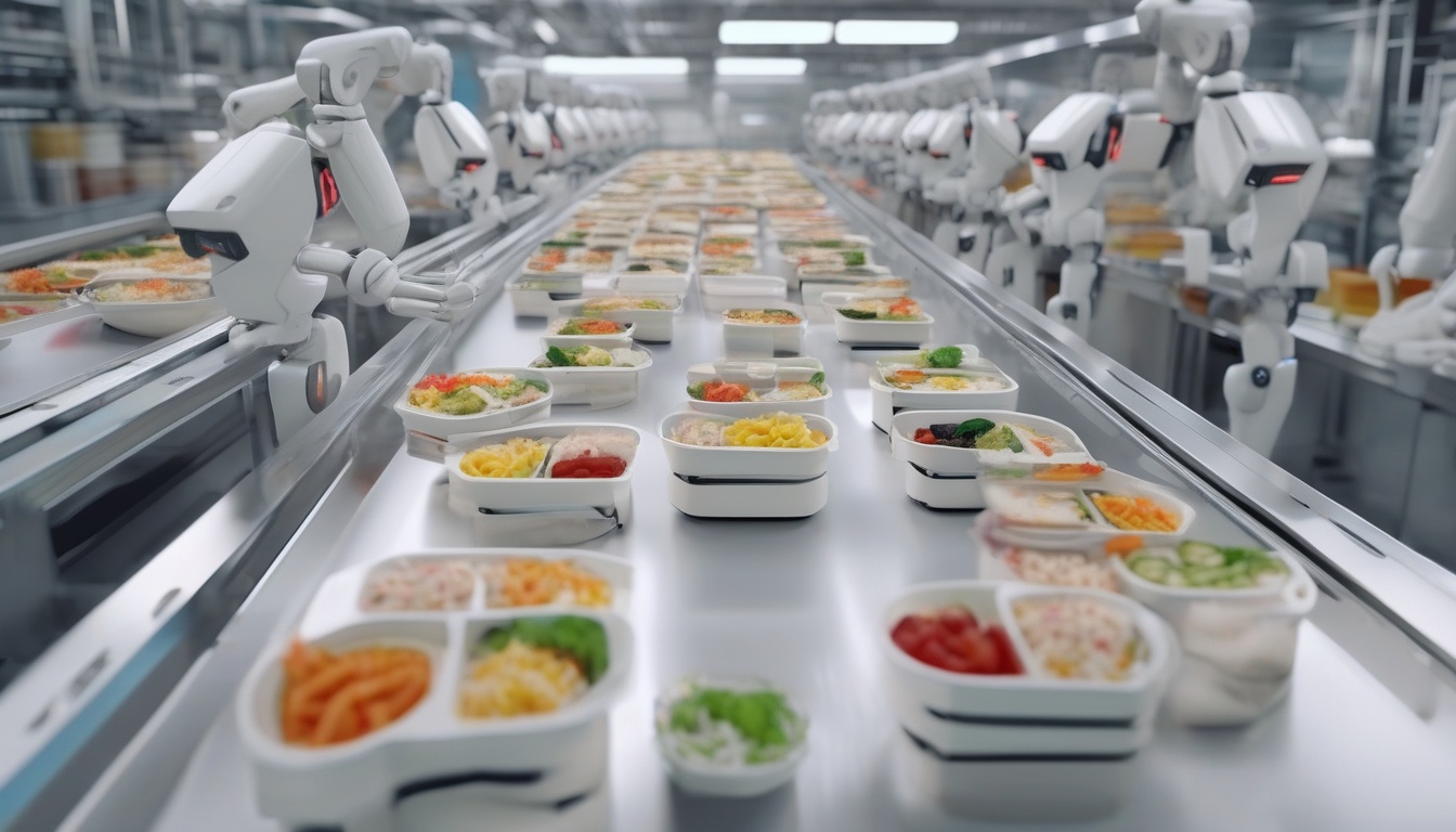コンベア上の弁当容器に食材を盛り付けるロボットのライン