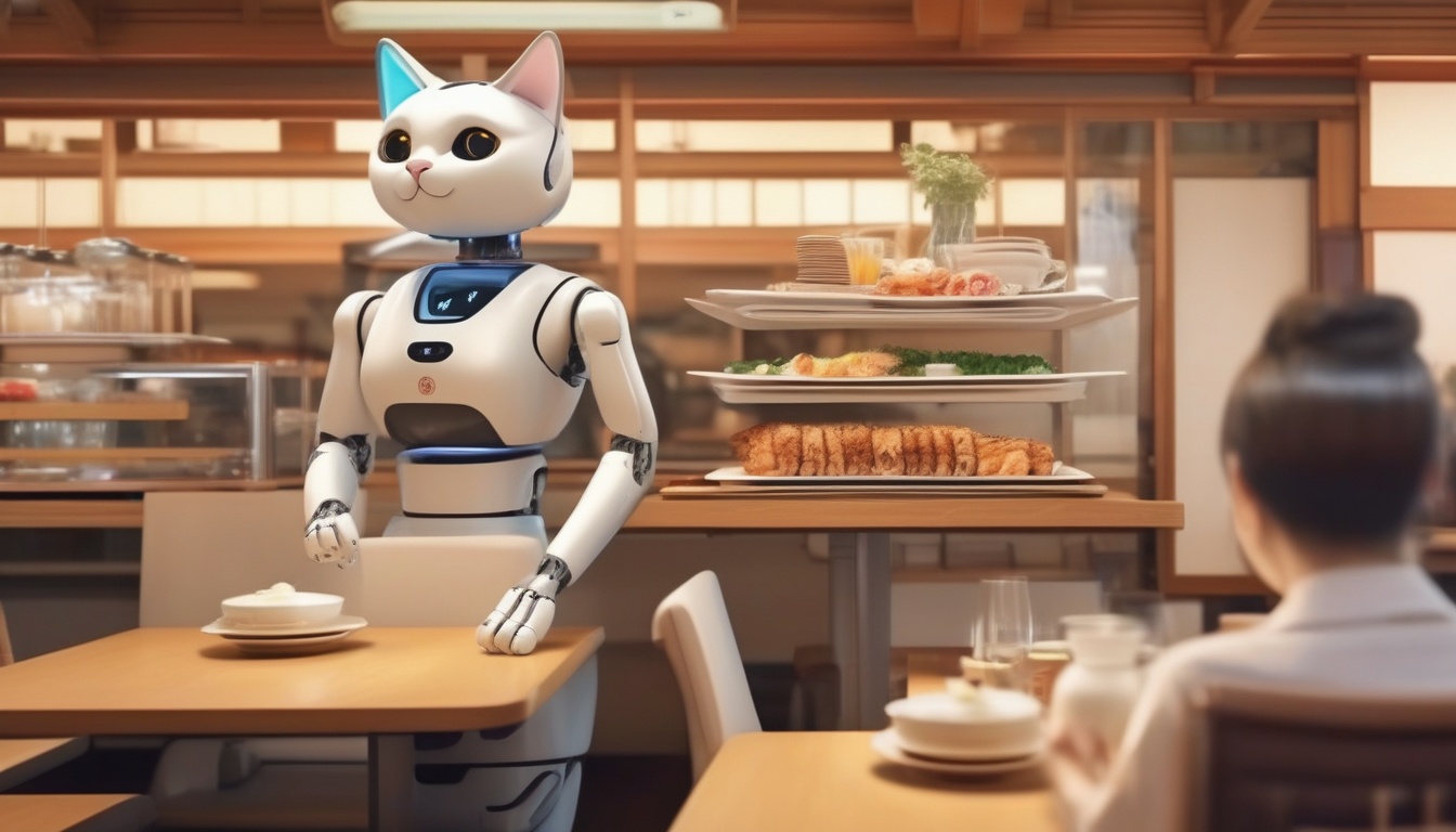 ファミリーレストランの通路を走行し料理を運ぶ配膳ロボット