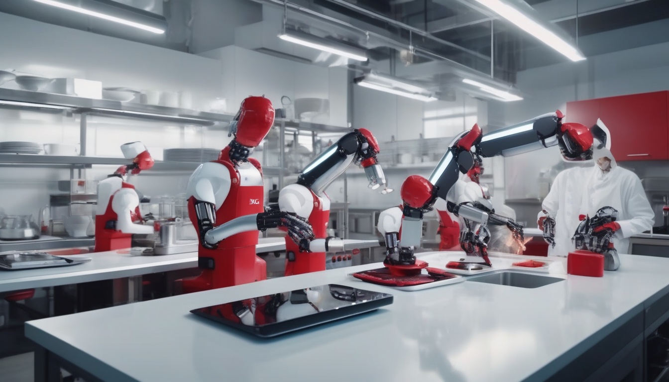 開発ラボで調理ロボットアームを調整する日本人エンジニア