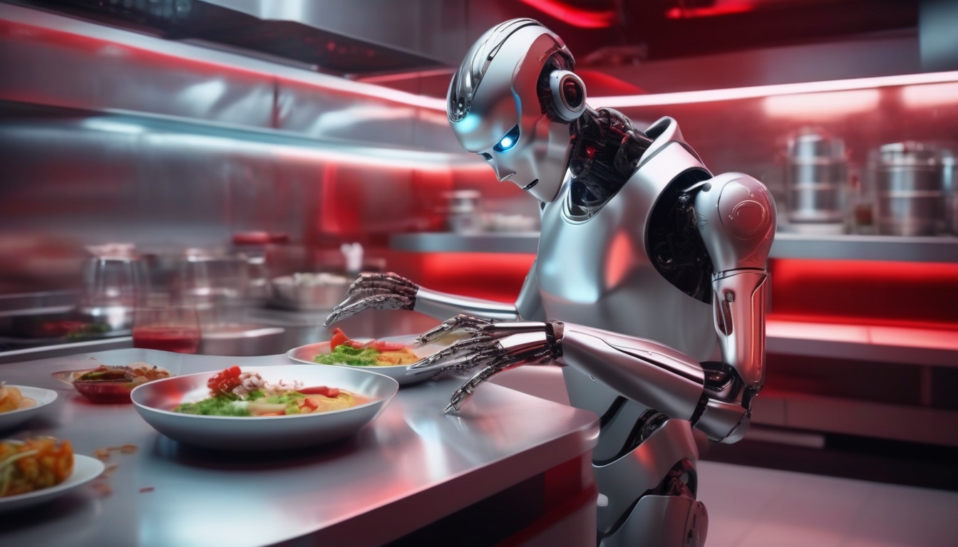 ヒューマノイドロボットが料理を盛り付ける近未来の厨房イメージ
